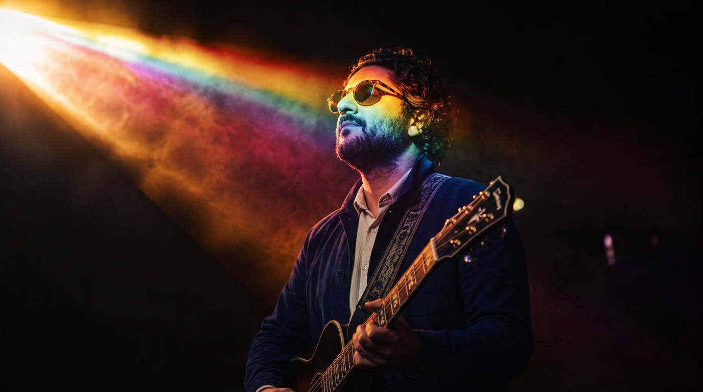 Black-and-white portrait of Christopher Pick playing guitar on stage in a beam of light.
