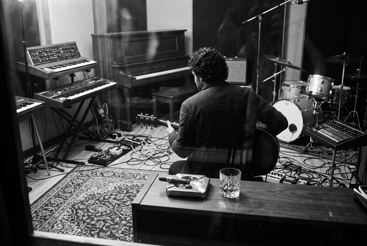 Christopher Pick, back to the camera, playing guitar behind the studio glass among synths, piano and drums